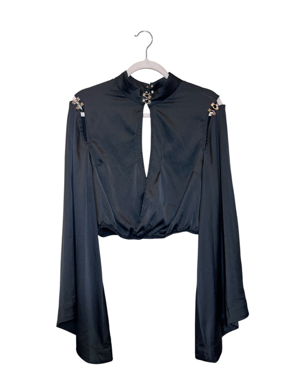 Honey Birdette Black Long-Sleeve Cropped Keyhole Top with Embellished Shoulders